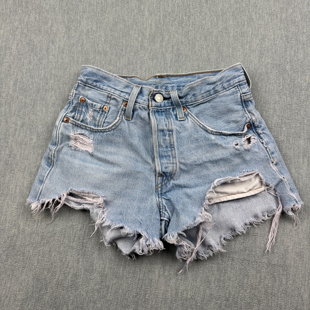 Levi's 501 Shorts Women 24‎ Blue Denim Mini Button Fly Distress Original Classic